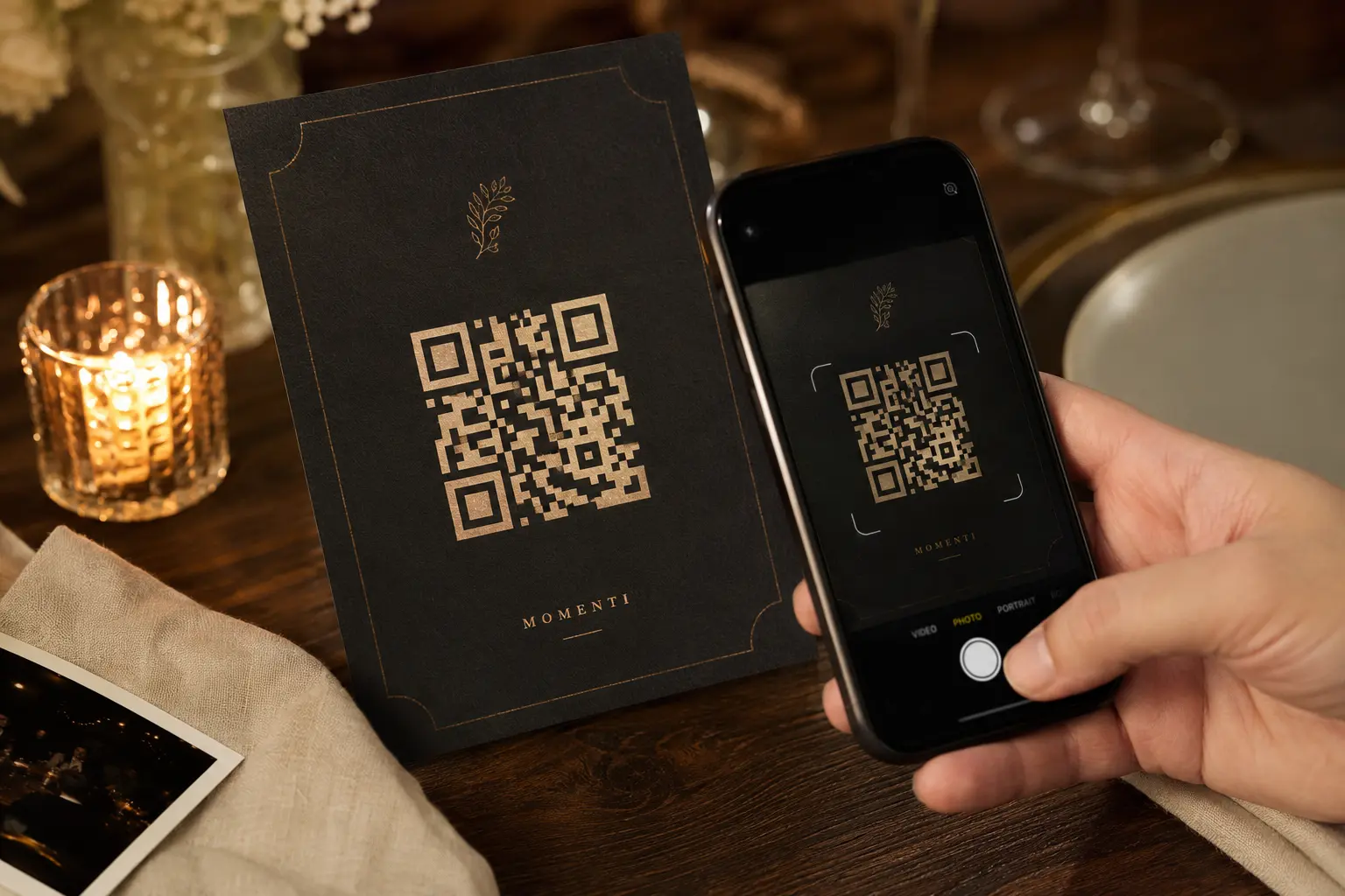 A guest scanning a Momenti QR invitation at a dinner table